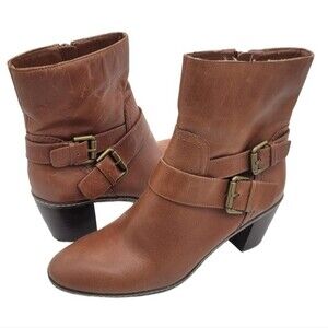 Anne Klein Leather Ankle Bootie with Buckle, Brown, Size 8, Good Used Condition